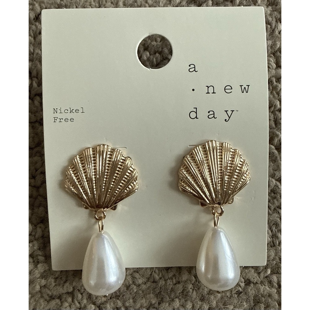 Gold Shell Post Pearl Drop Earrings - Nickel Free- A New Day™